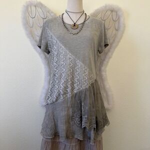 Sage Green Gray Lace Patchwork Ruffle Tunic Top Short Sleeve Mori Girl Boho